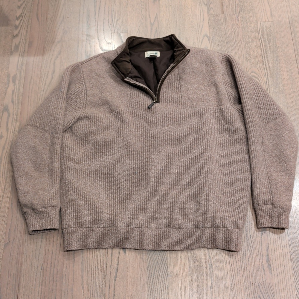 LL Bean Mens Large Merino Lambswool Lined Quarter Zip Sweater Taupe Brown ODBL4